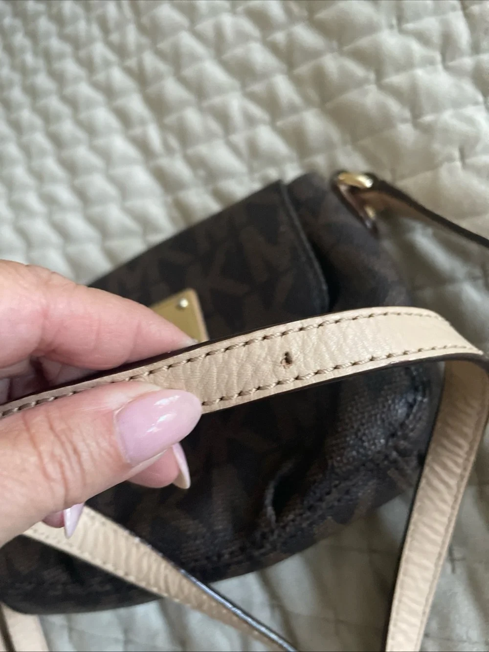 Michael Kors Brown Logo Crossbody with Pale tan Strap and Gold Plaque